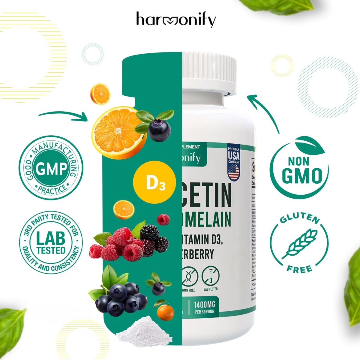 HARMONIFY Quercetin with Bromelain, 18 in 1 Supplements Zinc Elderberry Vitamin C & D 5000 IU, Artemisinin, Irish Sea Moss, Echinacea, Garlic, Turmeric, Reishi, Ginger Powder, 1400 mg - HARMONIFY - HARMONIFY Quercetin with Bromelain, 18 in 1 Supplements Zinc Elderberry Vitamin C & D 5000 IU, Artemisinin, Irish Sea Moss, Echinacea, Garlic, Turmeric, Reishi, Ginger Powder, 1400 mg - 028 - HRF - QuercetinComplex - HARMONIFY - Supplement - 850056258647